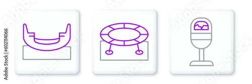 Set line Trash can, Boat swing and Jumping trampoline icon. Vector