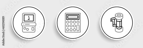 Set line Camera roll cartridge, Tetris and Calculator icon. Vector