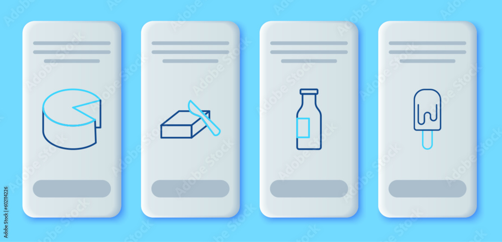 Set line Butter in a butter dish, Bottle with milk, Cheese and Ice cream icon. Vector