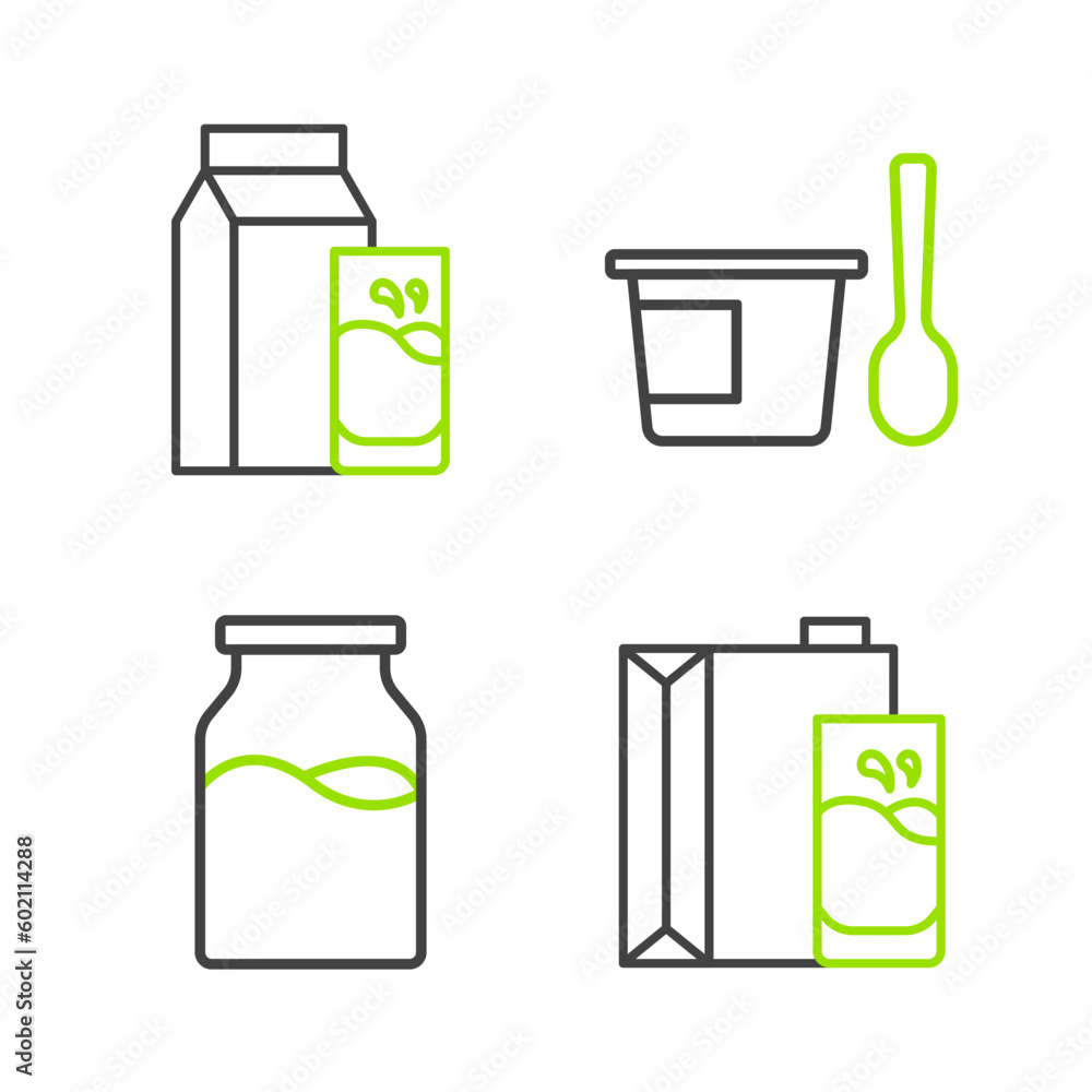 Set line Paper package for milk, Bottle with, Yogurt container spoon and kefir icon. Vector Set line Paper package for milk, Bottle with, Yogurt container spoon and kefir icon. Vector