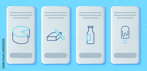 Set line Butter in a butter dish, Bottle with milk, Cheese and Ice cream icon. Vector
