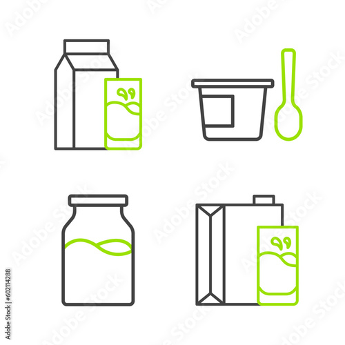 Set line Paper package for milk, Bottle with, Yogurt container spoon and kefir icon. Vector