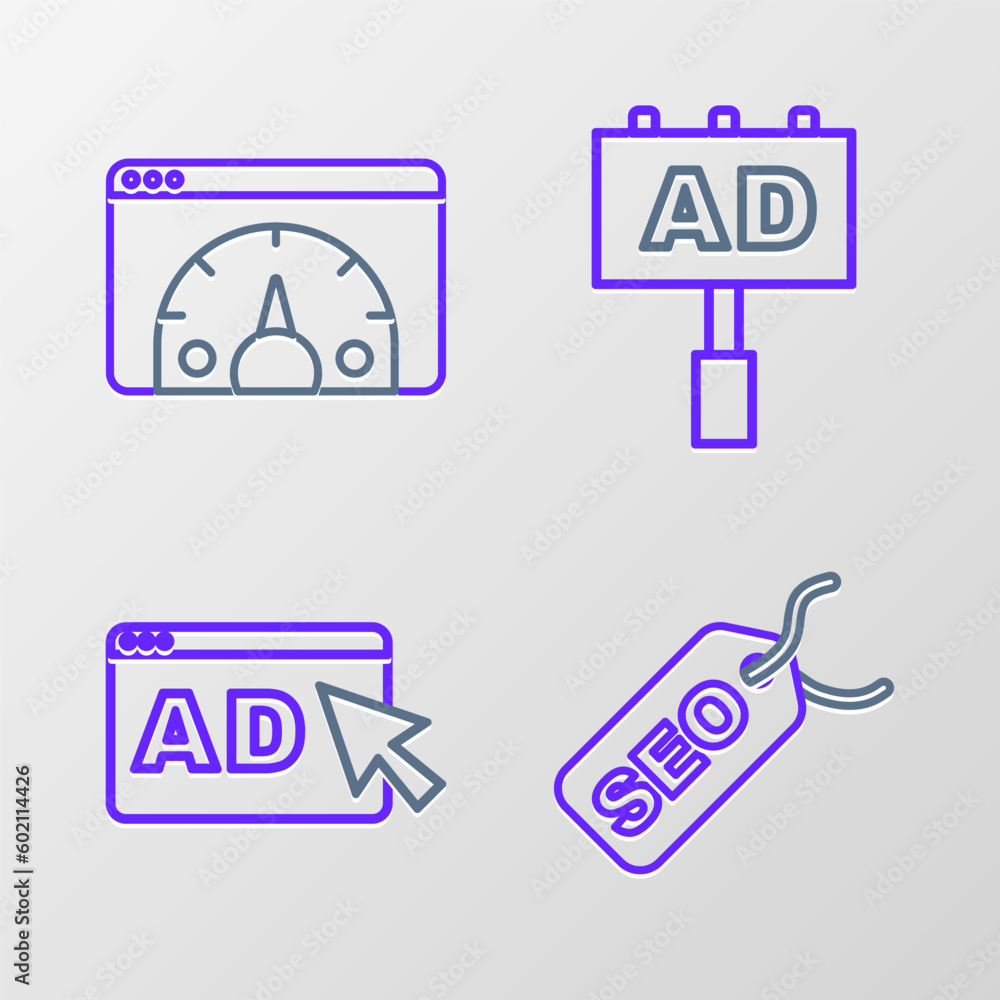 Set line SEO optimization, Advertising, and Website statistic icon. Vector Set line SEO optimization, Advertising, and Website statistic icon. Vector