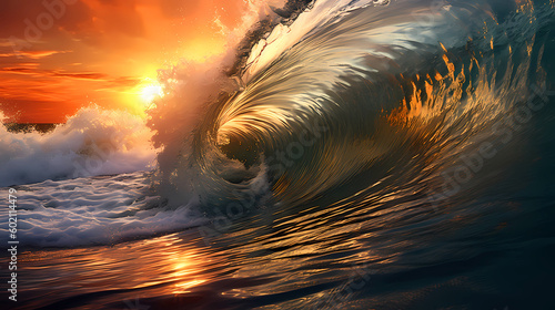 A large seething wave in the rays of the setting sun, a seascape.;