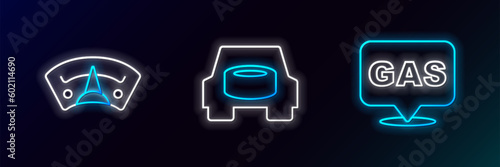 Set line Location and gas station, Motor gauge and Spare wheel in the car icon. Glowing neon. Vector