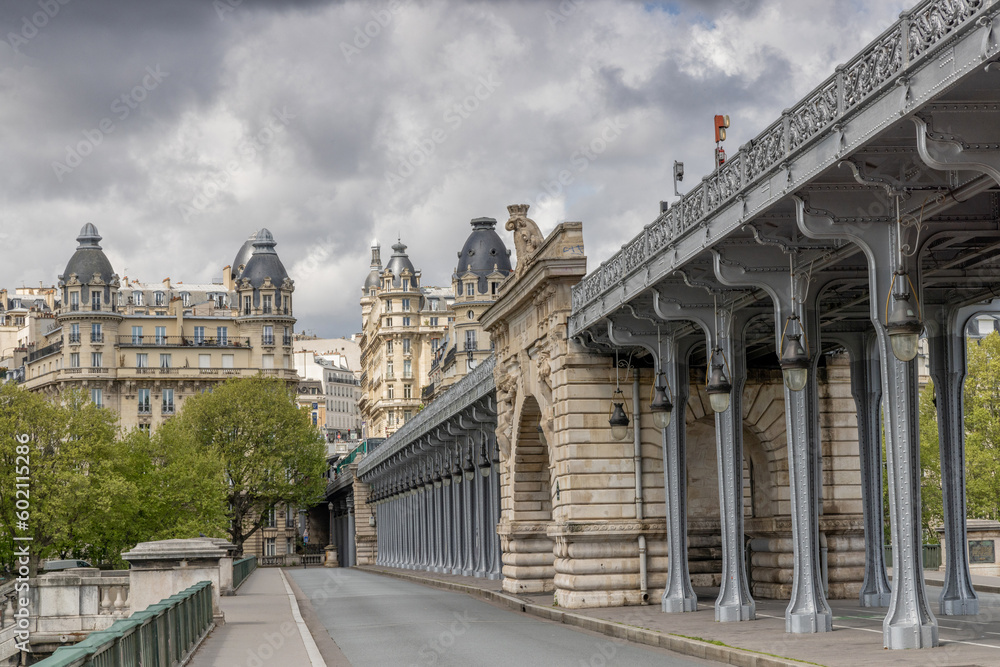Pont Bir De Hakeim Bridge Paris France. Famous old bridge crossing the river Seine in Paris France