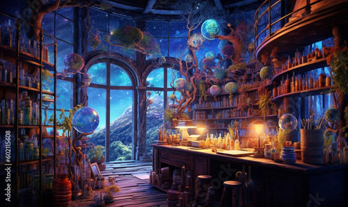 Wallpaper Mural fantasievolles mittelalterliches Alchemistenlabor. generative KI Torontodigital.ca