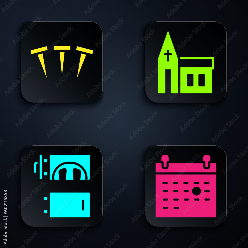 Set Calendar death, Metallic nails, Crematorium and Church building. Black square button. Vector Set Calendar death, Metallic nails, Crematorium and Church building. Black square button. Vector