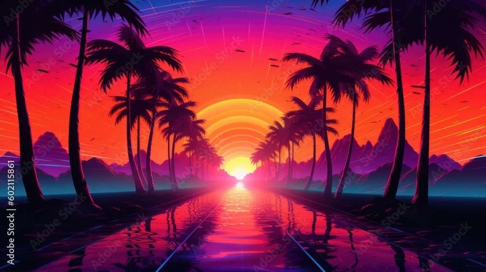 Retrowave sunset with palm trees wallpaper background. 90s era. Generative AI