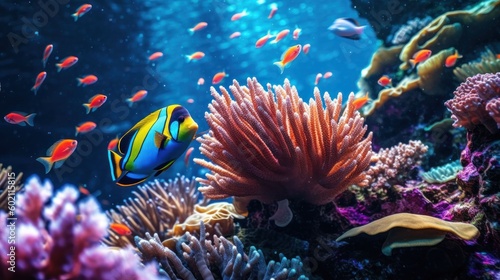 Underwater world with coral reef and ocean fish. Generative AI