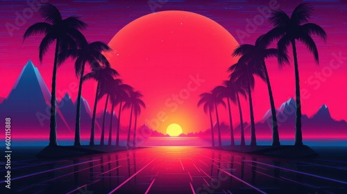 Retrowave sunset with palm trees wallpaper background. 90s era. Generative AI