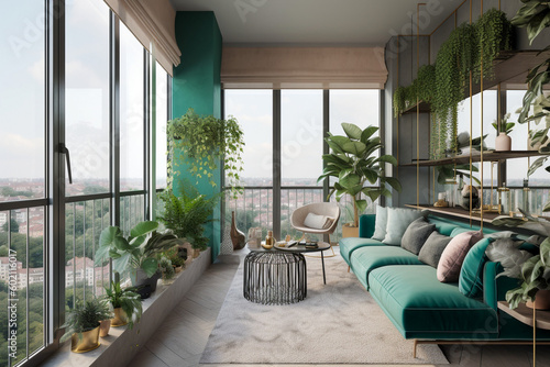 Modern minimalistic interior of the living room  green  white and golden colors. Super photo realistic background  generative ai illustration.