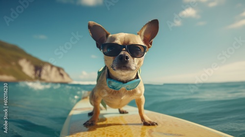 Chi hua hua dog surfing in the ocean during the vacation. Generative AI © Generative Professor