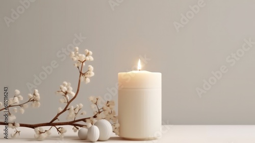 Melting white candle on the table with white background. Generative AI