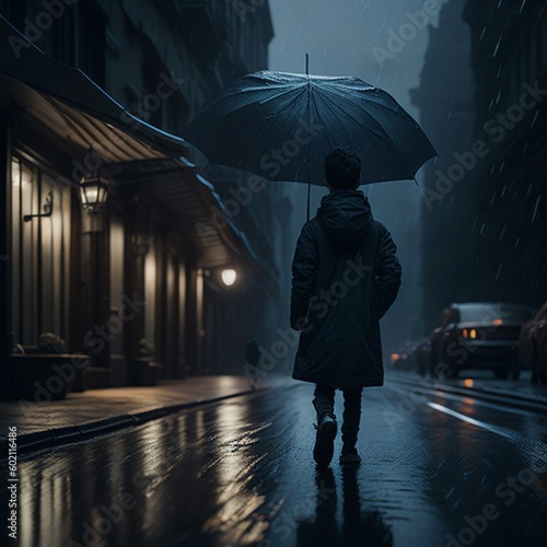 a boy walking in street midnight time in rainy day with an umbrella 