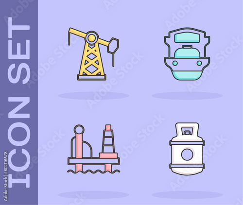 Set Propane gas tank, Oil pump or pump jack, platform in the sea and tanker ship icon. Vector