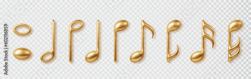 Gold Music notes isolated 3d icons set. Vector realistic metallic note symbols isolated on transparent background.