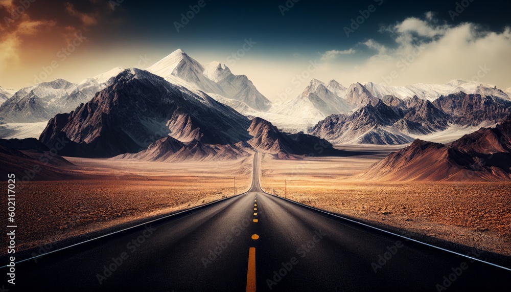 Highway stretching into the distance. In the background are high mountains. Illustration by Generative AI.