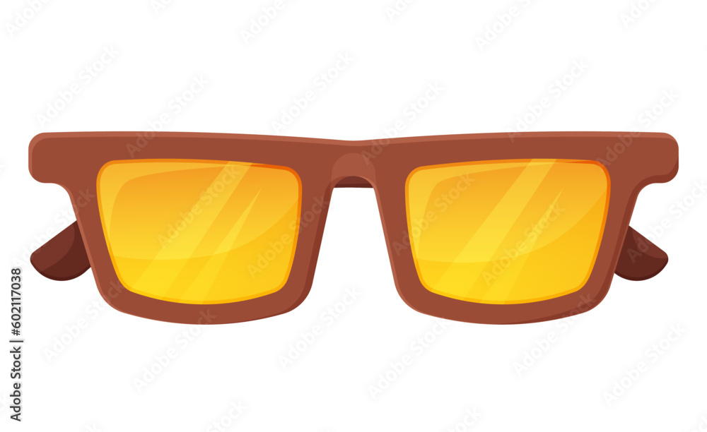 Brown sunglasses with yellow glasses. Cartoon style. Vector illustration isolated on white. Brown sunglasses with yellow glasses. Cartoon style. Vector illustration isolated on white.