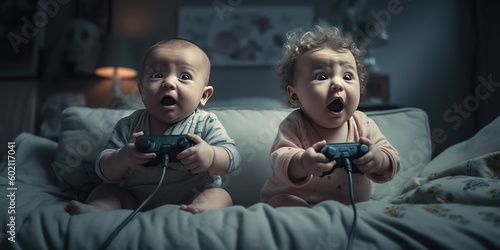 Cute little babies sitting on sofa holding joysticks and playing video games. Generative AI.