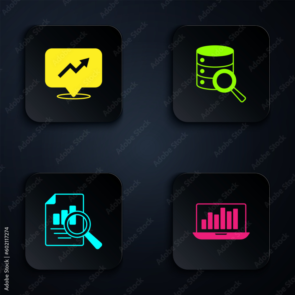Set Laptop with graph chart, Financial growth, Document and Server. Black square button. Vector Set Laptop with graph chart, Financial growth, Document and Server. Black square button. Vector
