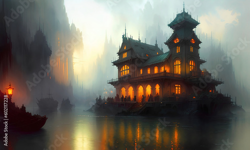 Medieval river harbor at sunset, sci-fi fantasy landscape illustration. Generative Ai. © Cobalt