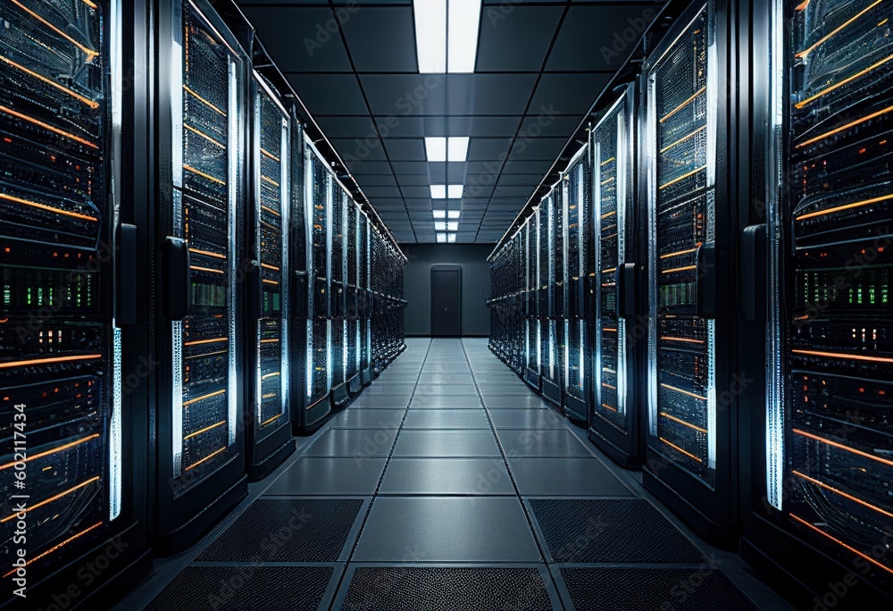 Obraz premium Modern server room, data center. Illustration by Generative AI.