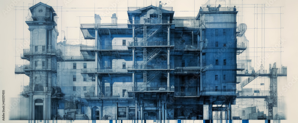 Blueprints for houses, buildings and constructions, in the style of photomontage, multilayer collage. Generative Ai.