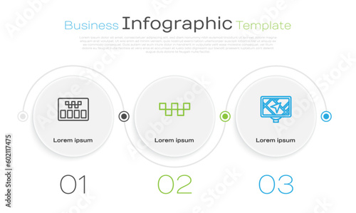 Set line Taximeter, car roof and Gps device with map. Business infographic template. Vector