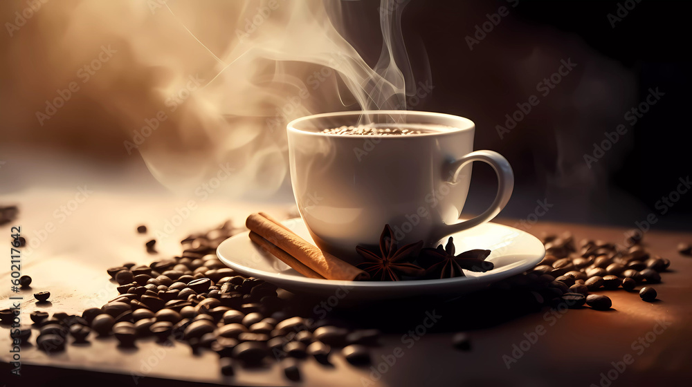 Fototapeta premium A cup of fragrant steaming coffee on the table among coffee beans.