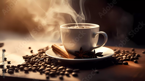 A cup of fragrant steaming coffee on the table among coffee beans.