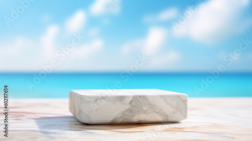 A marble table with a blue sky and a marble base
