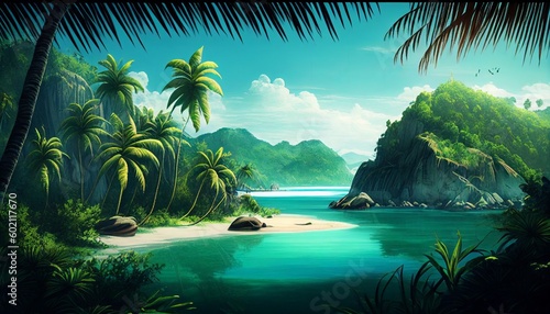 Tropical landscape with blue lagoon, white sand and palm trees. Illustration by Generative AI.