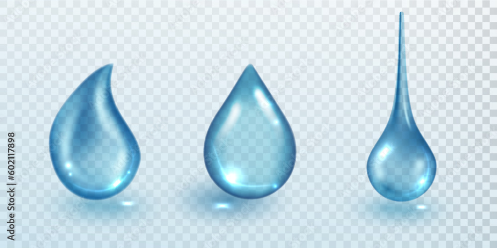 Water drop set. Blue drops of cosmetic liquid of various shapes.Transparent drops in blue colors. Realistic collagen, serum, gel clear droplet Water drop set. Blue drops of cosmetic liquid of various shapes.Transparent drops in blue colors. Realistic collagen, serum, gel clear droplet