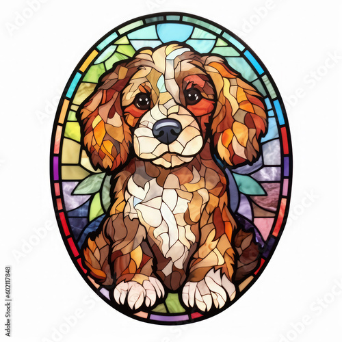 A stained glass mosaic portrait of a cute puppy dog