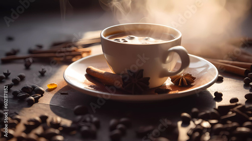 A cup of fragrant steaming coffee on the table among coffee beans.