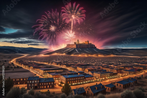 Firework display over historic town of Butte. Generative AI