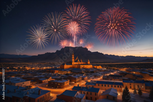 Firework display over historic town of Butte. Generative AI