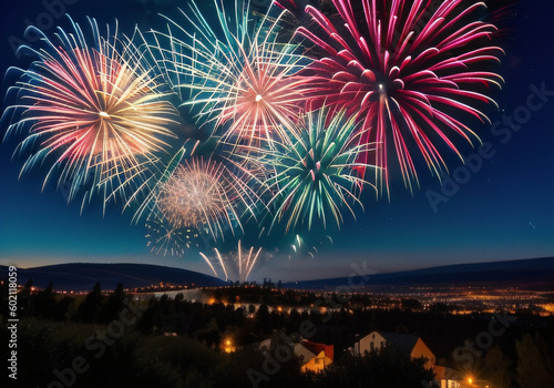 Firework display over historic town of Butte. Generative AI