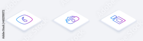 Set Isometric line Human hair follicle, Gel or wax for styling and Aftershave. White square button. Vector