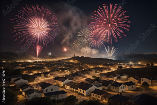 Firework display over historic town of Butte. Generative AI