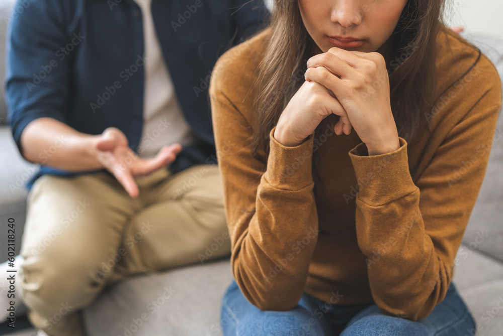 Breakup and depressed, asian young quarrel couple love fight relationship in trouble. Different people are emotion angry. Argue wife has expression upset with husband. Problem of family people. - obrazy, fototapety, plakaty 