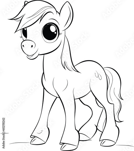 A little pony with big eyes is standing on a white background.