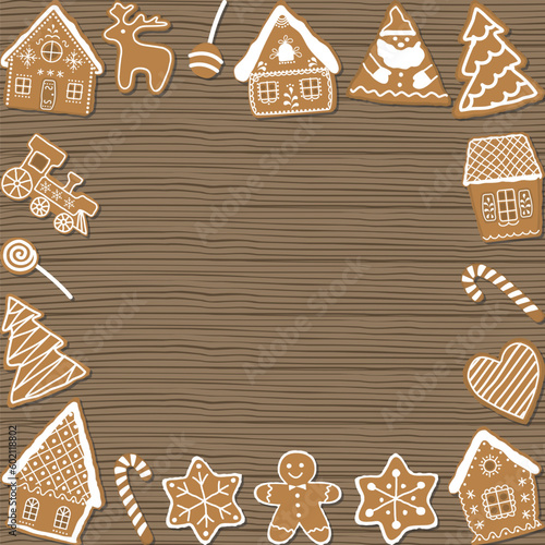 Christmas cookies on wooden background. Holiday background. Gingerbread houses, Santa Claus, deer, fir trees, gingerbread man, train, stars, heart. Vector illustration
