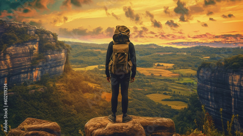 A man walking through a forest with a backpack on his back.