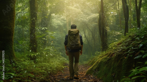 A man walking through a forest with a backpack on his back.