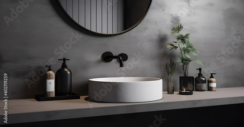 Minimal loft polished gray concrete cement bathroom vanity counter and wall, white oval ceramic washbasin, faucet, black round mirror with light for cosmetic, beauty, toiletries product background © StockSavant