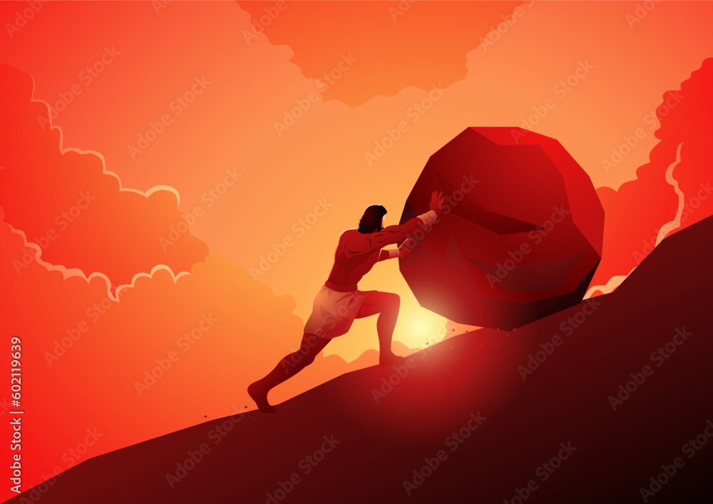 Greek Mythology Sisyphus Rolling The Enormous Rock Up A Hill Stock ...