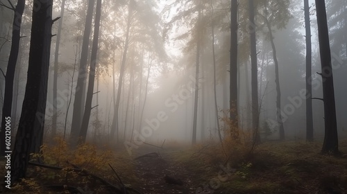 Trees in the fog. The smoke in the forest in the morning. A misty morning among the trees Generative AI