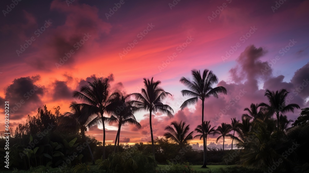 Colorful clouds hovering over palm trees Generative AI